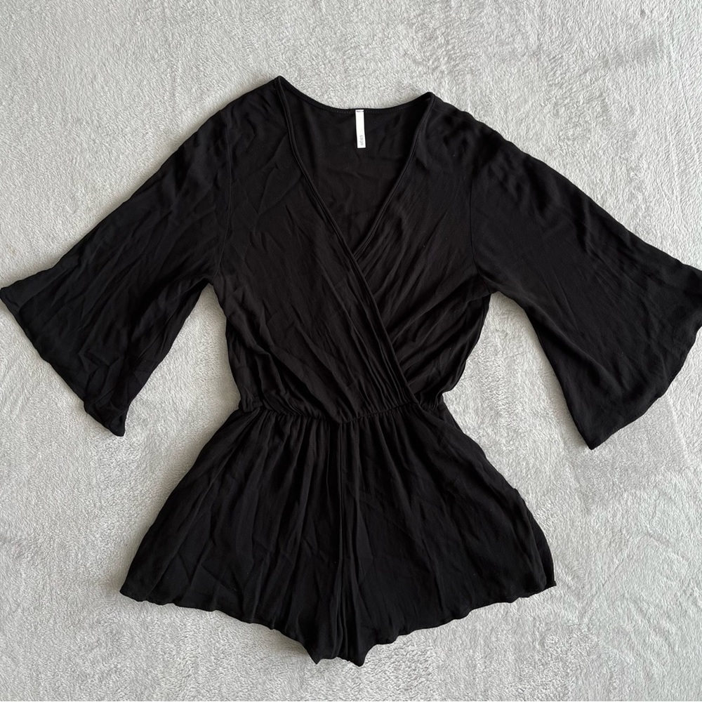 Sage Romper Black Deep V Neck Bell Sleeve Small
